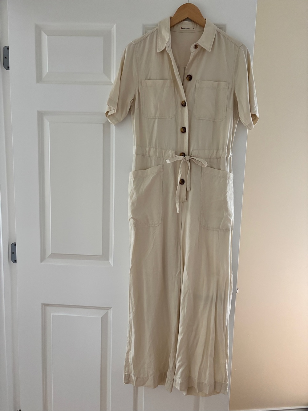 Marine Layer Cream Short-Sleeve Tie-Waist Utility Jumpsuit